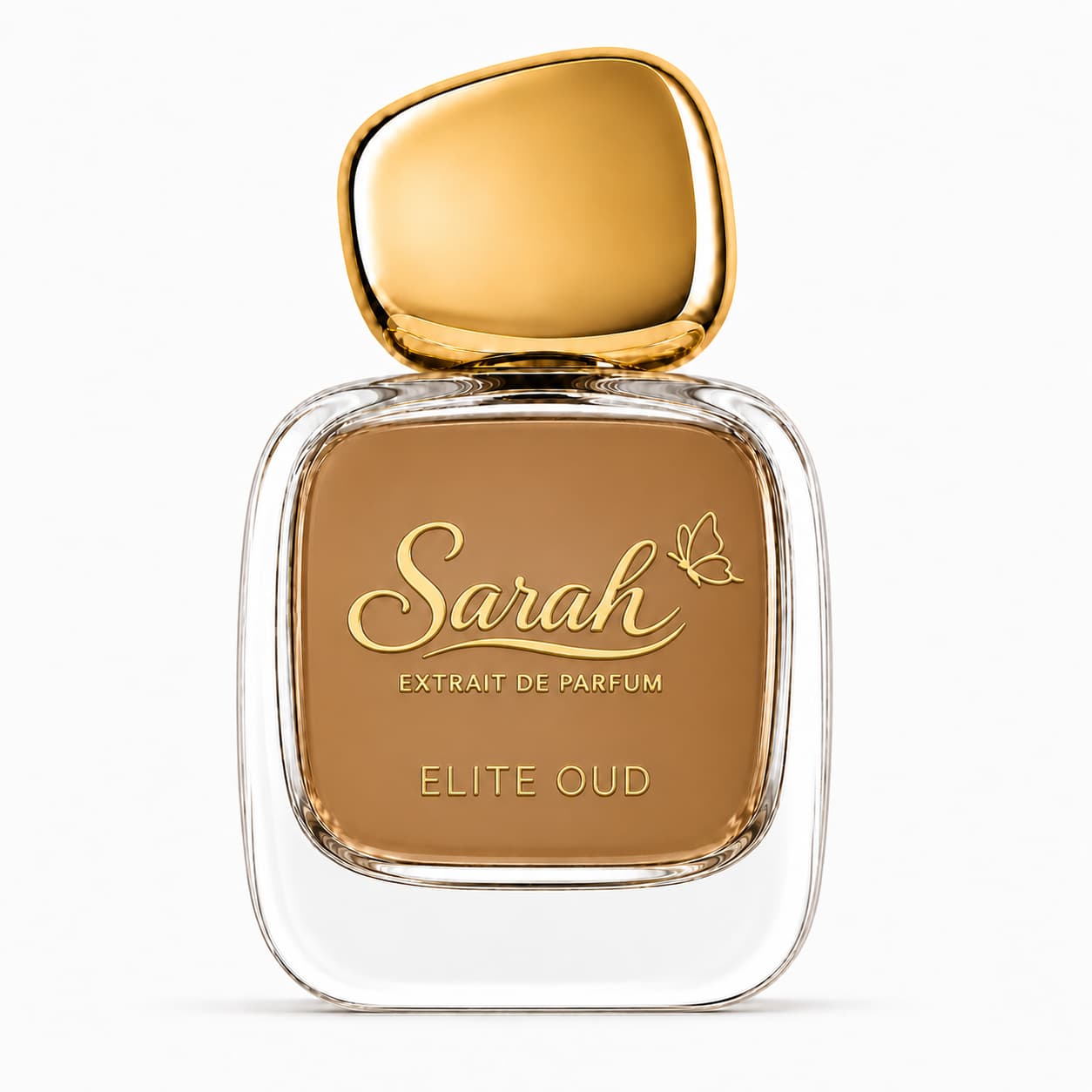 Perfume bottle labeled 'Sarah Elite Oud' with gold cap on a white background