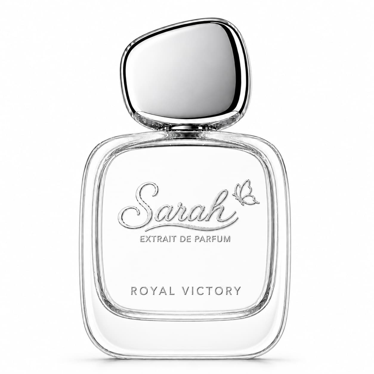 Perfume bottle labeled 'Sarah Extrait de Parfum Royal Victory' on a white background