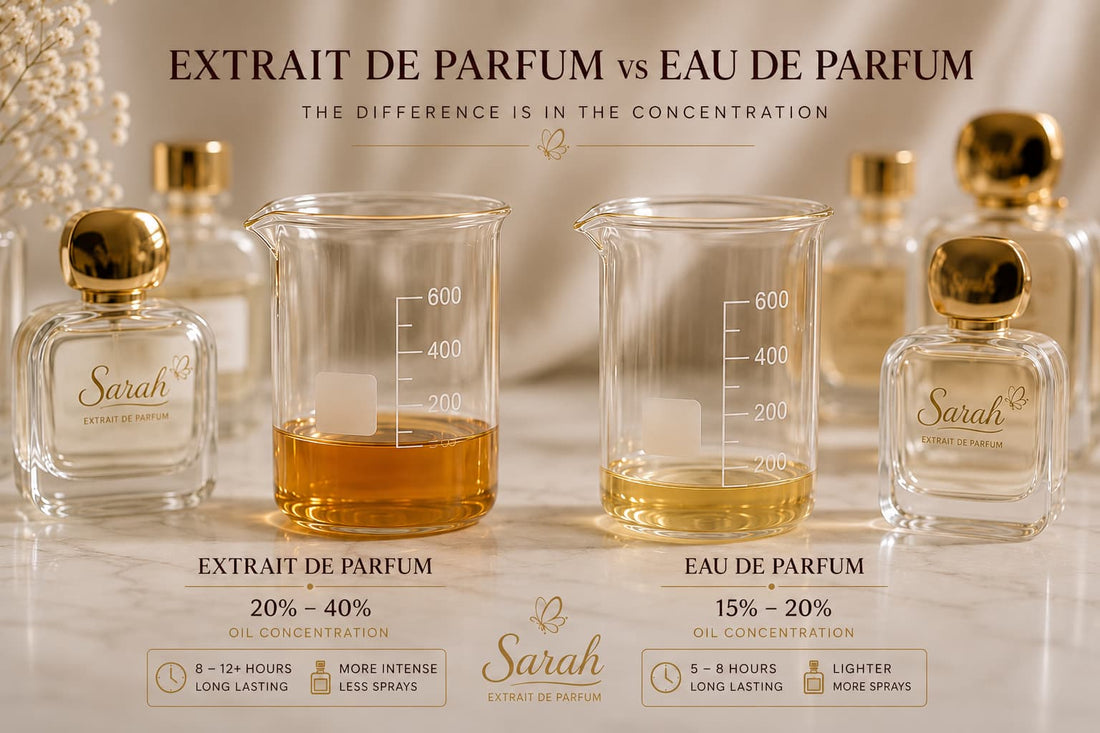 Extrait de Parfum vs Eau de Parfum – poređenje koncentracije parfemskih ulja od 20–40% i 15–20% u Sarah Parfimeriji.