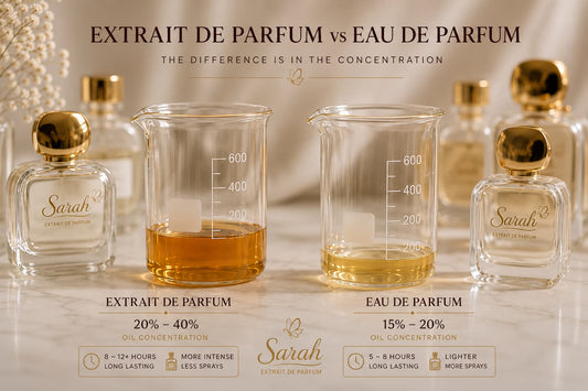 Extrait de Parfum vs Eau de Parfum – poređenje koncentracije parfemskih ulja od 20–40% i 15–20% u Sarah Parfimeriji.
