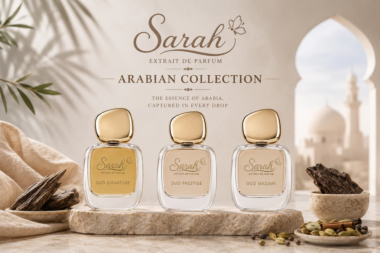 Sarah Arabian Oud Collection luxury extrait de parfum featuring rich oud, woody and oriental Arabian fragrances