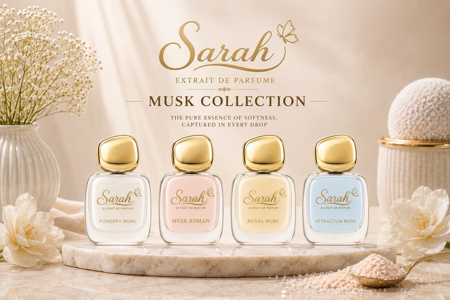 Sarah Musk Collection luxury extrait de parfum featuring Powdery Musk, Royal Musk, Musk Roman, Attraction Musk and Musk Vanilla fragrances