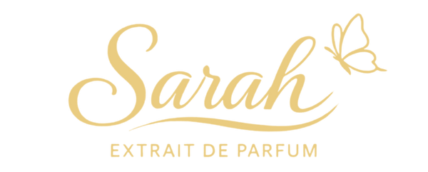 Gold 'Sarah Extrait de Parfum' logo with a butterfly on a white background