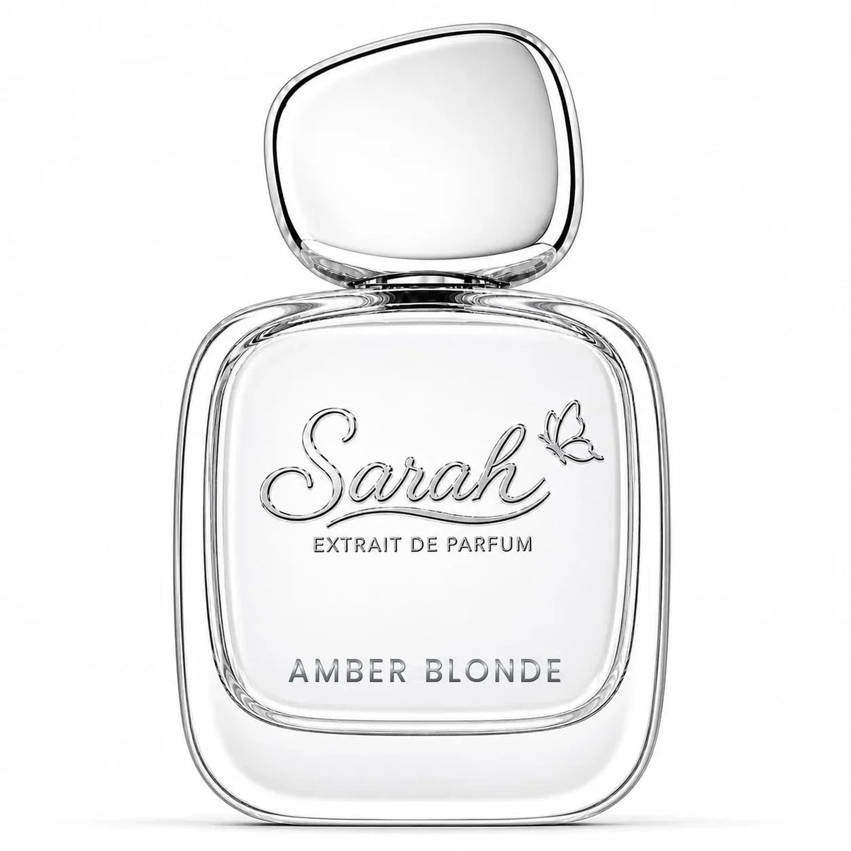 Sarah Amber Blonde — muški Extrait de Parfum, bočica sa srebrnim čepom na bijeloj pozadini