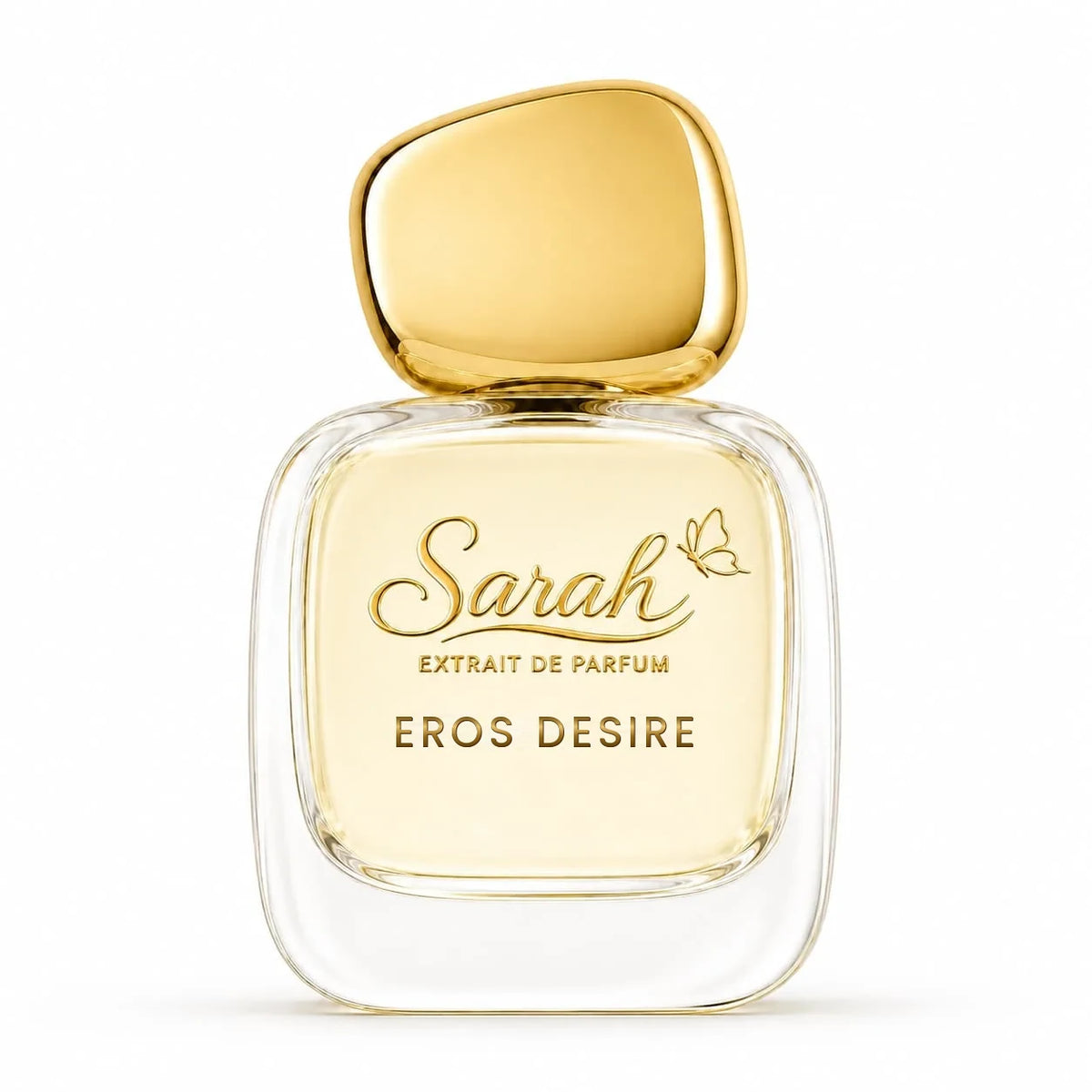 Sarah Eros Desire — ženski Extrait de Parfum, bočica sa zlatnim čepom na bijeloj pozadini