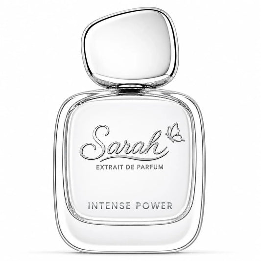 Sarah Intense Power — muški Extrait de Parfum, bočica sa srebrnim čepom na bijeloj pozadini