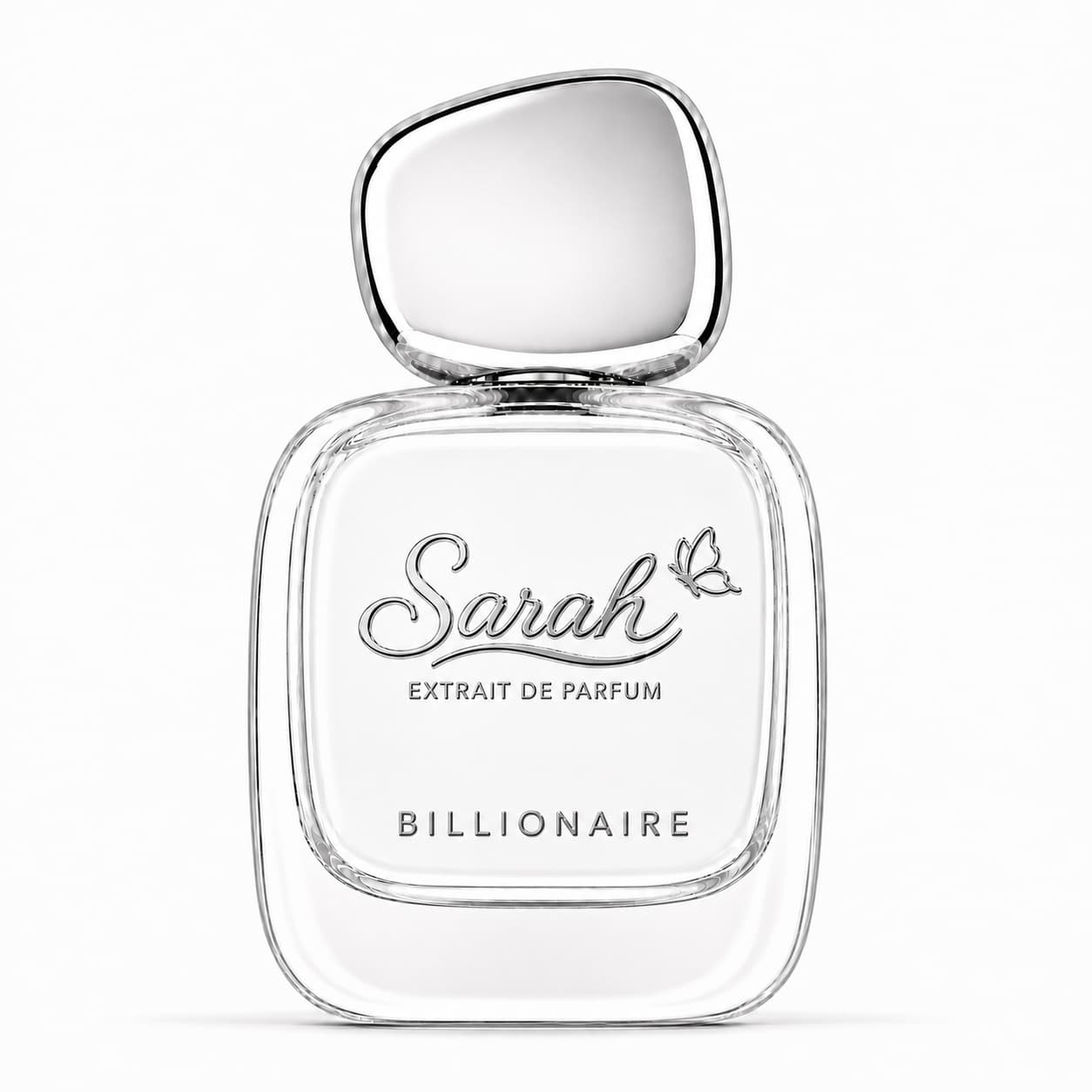 Perfume bottle labeled 'Sarah Extrait de Parfum Billionaire' on a white background