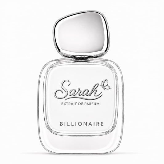 Perfume bottle labeled 'Sarah Extrait de Parfum Billionaire' on a white background