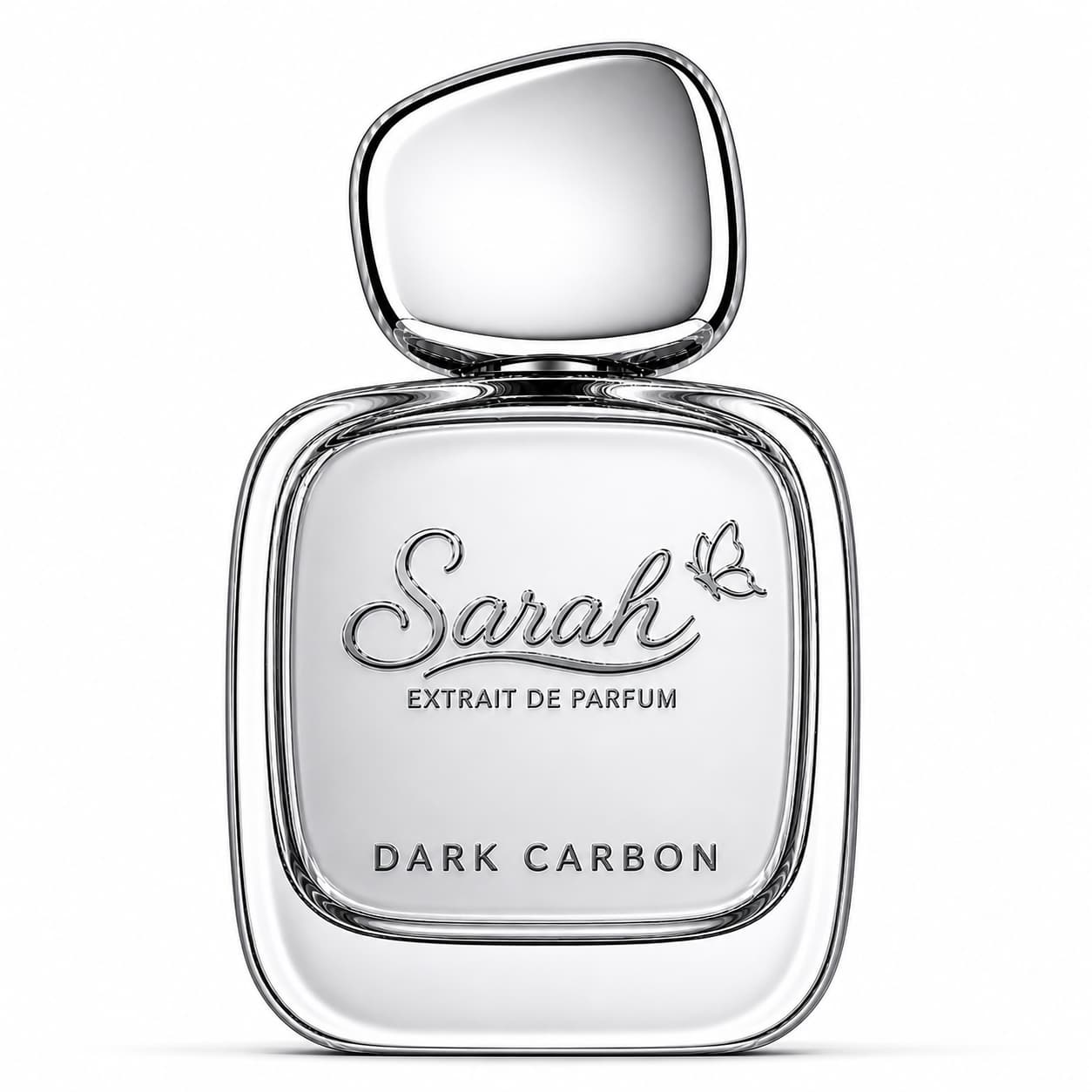 Perfume bottle labeled 'Sarah Extrait de Parfum Dark Carbon' on a white background