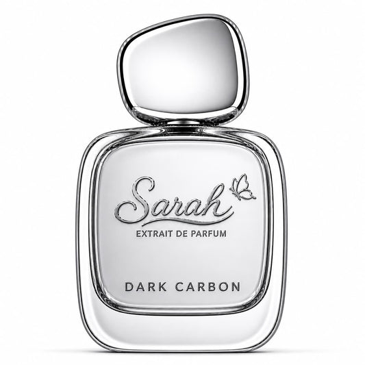 Perfume bottle labeled 'Sarah Extrait de Parfum Dark Carbon' on a white background