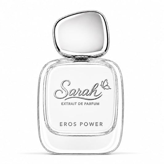 Perfume bottle labeled 'Sarah Extrait de Parfum Eros Power' on a white background
