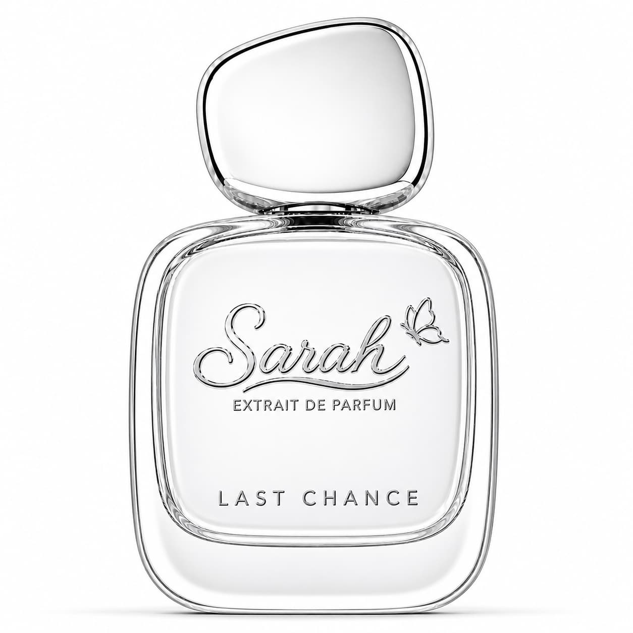 Clear perfume bottle labeled 'Sarah Extrait de Parfum Last Chance' on a white background