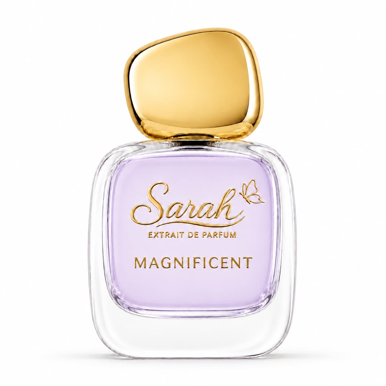 Perfume bottle labeled 'Sarah Extrait de Parfum Magnificent' with a gold cap on a white background
