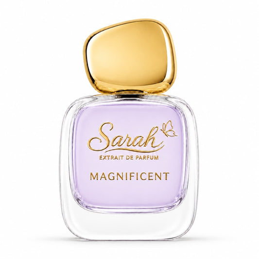 Perfume bottle labeled 'Sarah Extrait de Parfum Magnificent' with a gold cap on a white background