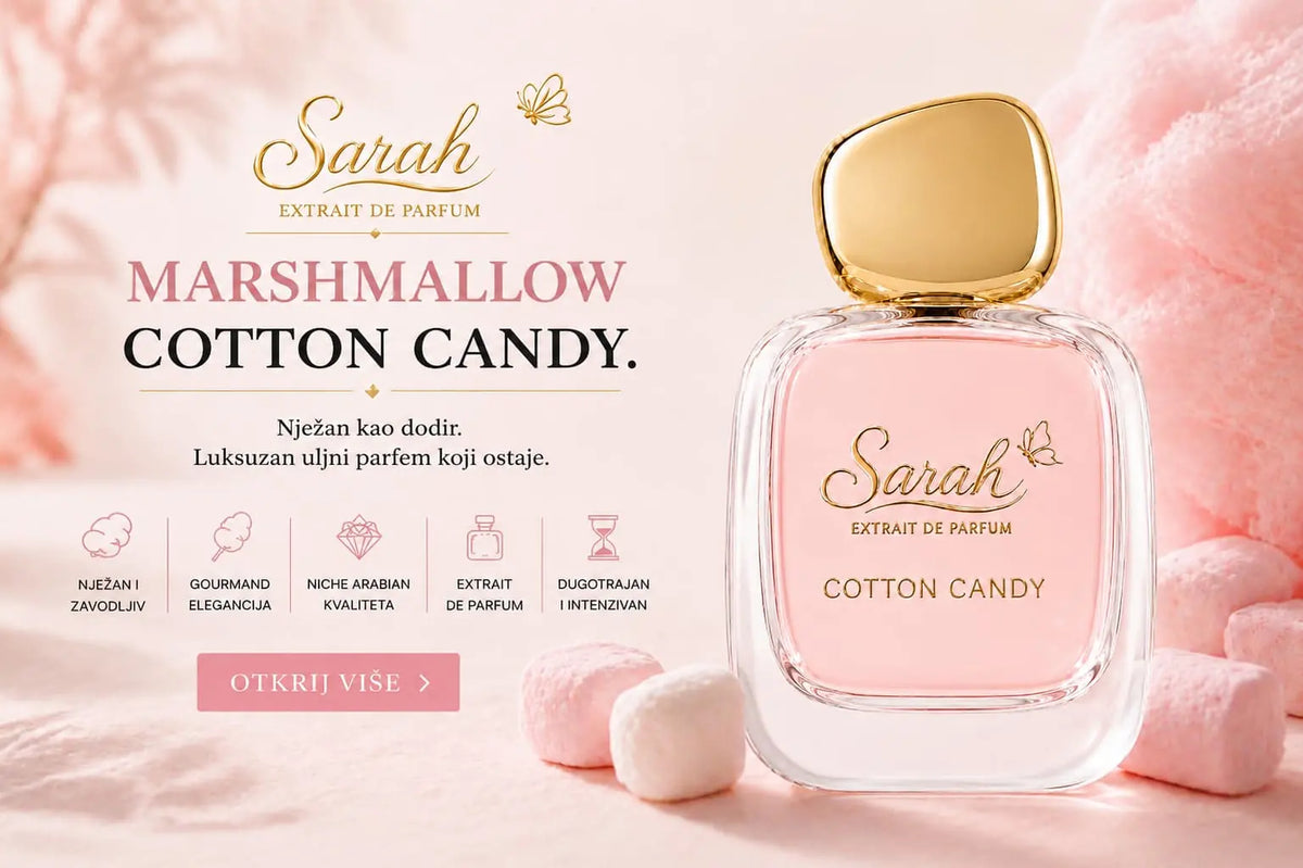 Sarah Marshmallow Cotton Candy Extrait de Parfum — ružičasta bočica sa zlatnim čepom, Sarah Parfimerija Bihać
