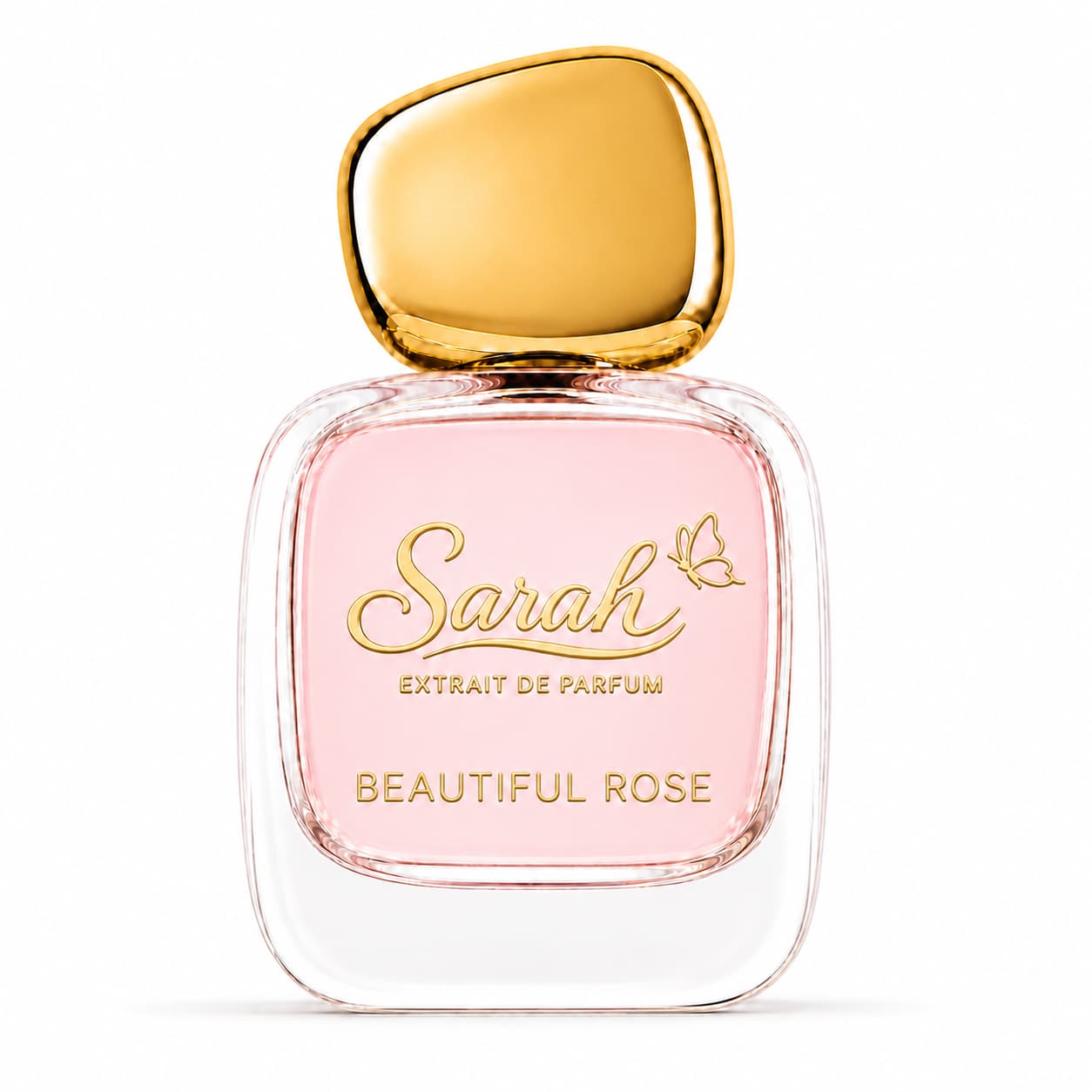 Perfume bottle labeled 'Sarah Beautiful Rose' with gold cap on a white background