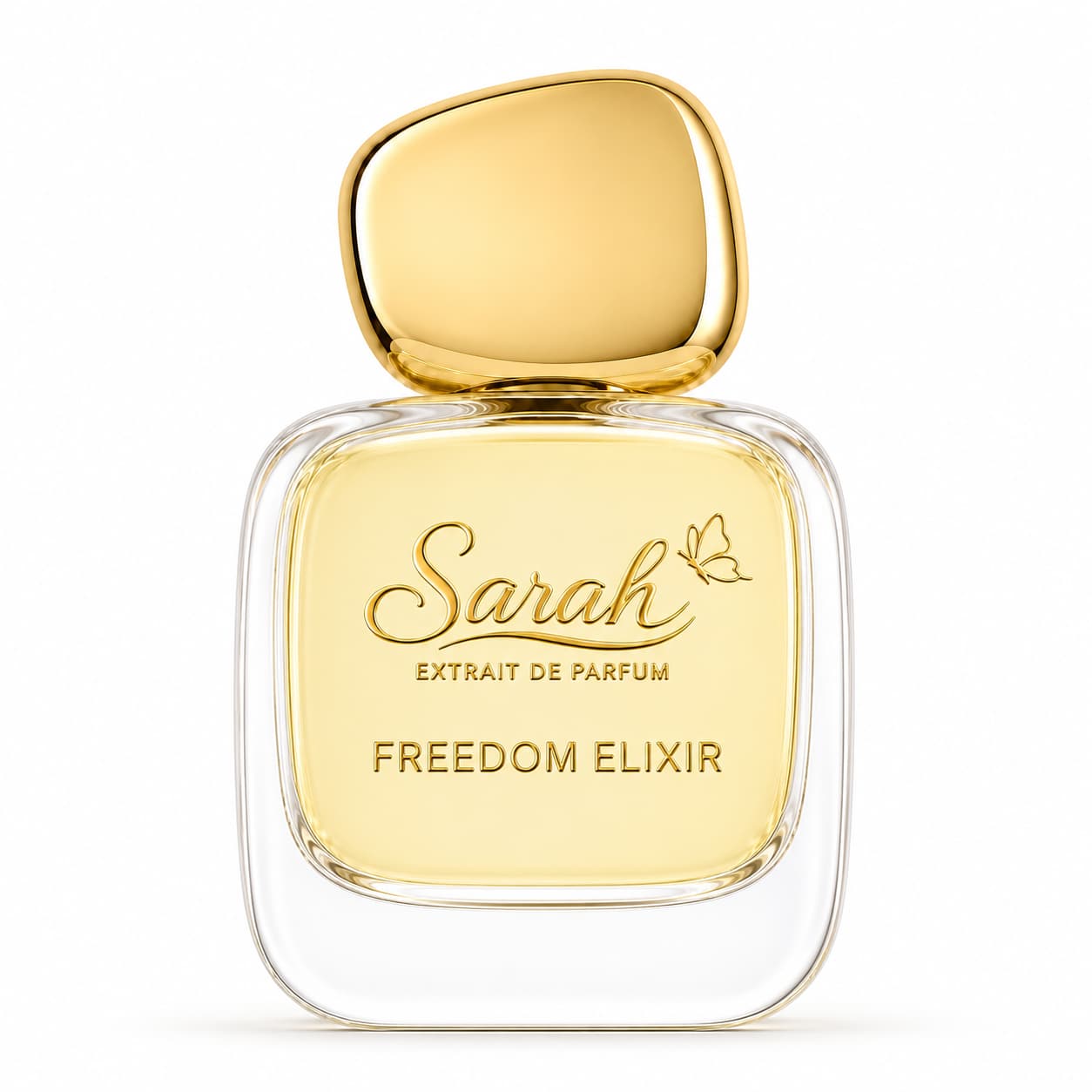 Gold and clear perfume bottle labeled 'Sarah Extrait de Parfum Freedom Elixir' on a white background