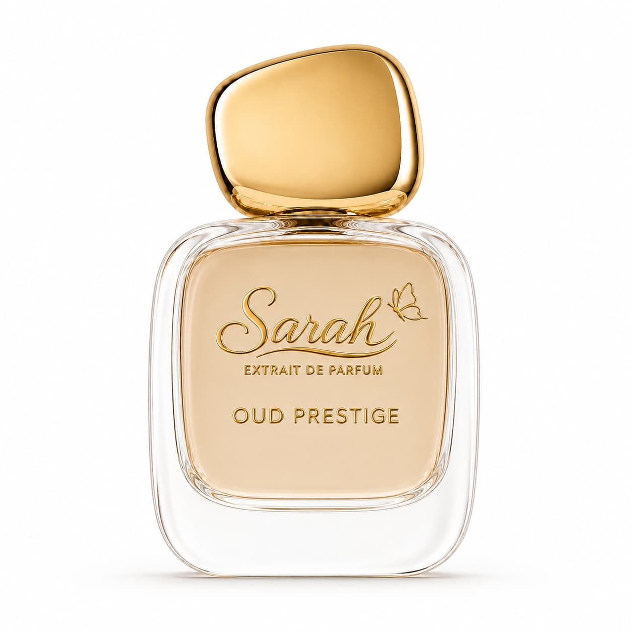 Perfume bottle labeled 'Sarah Oud Prestige' with gold cap on a white background