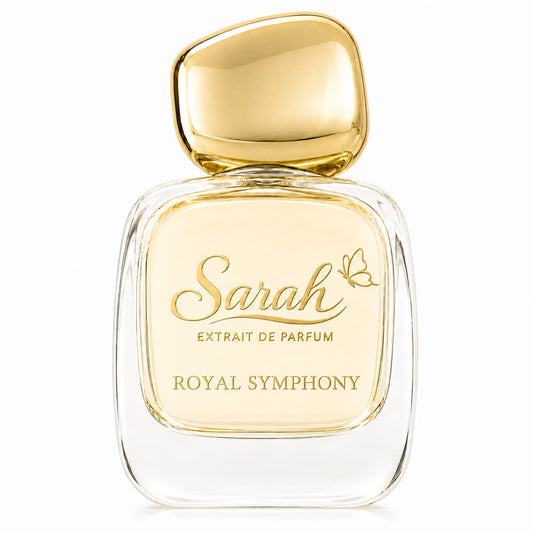 Perfume bottle labeled 'Sarah Extrait de Parfum Royal Symphony' with gold cap on a white background