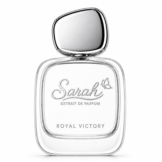 Perfume bottle labeled 'Sarah Extrait de Parfum Royal Victory' on a white background