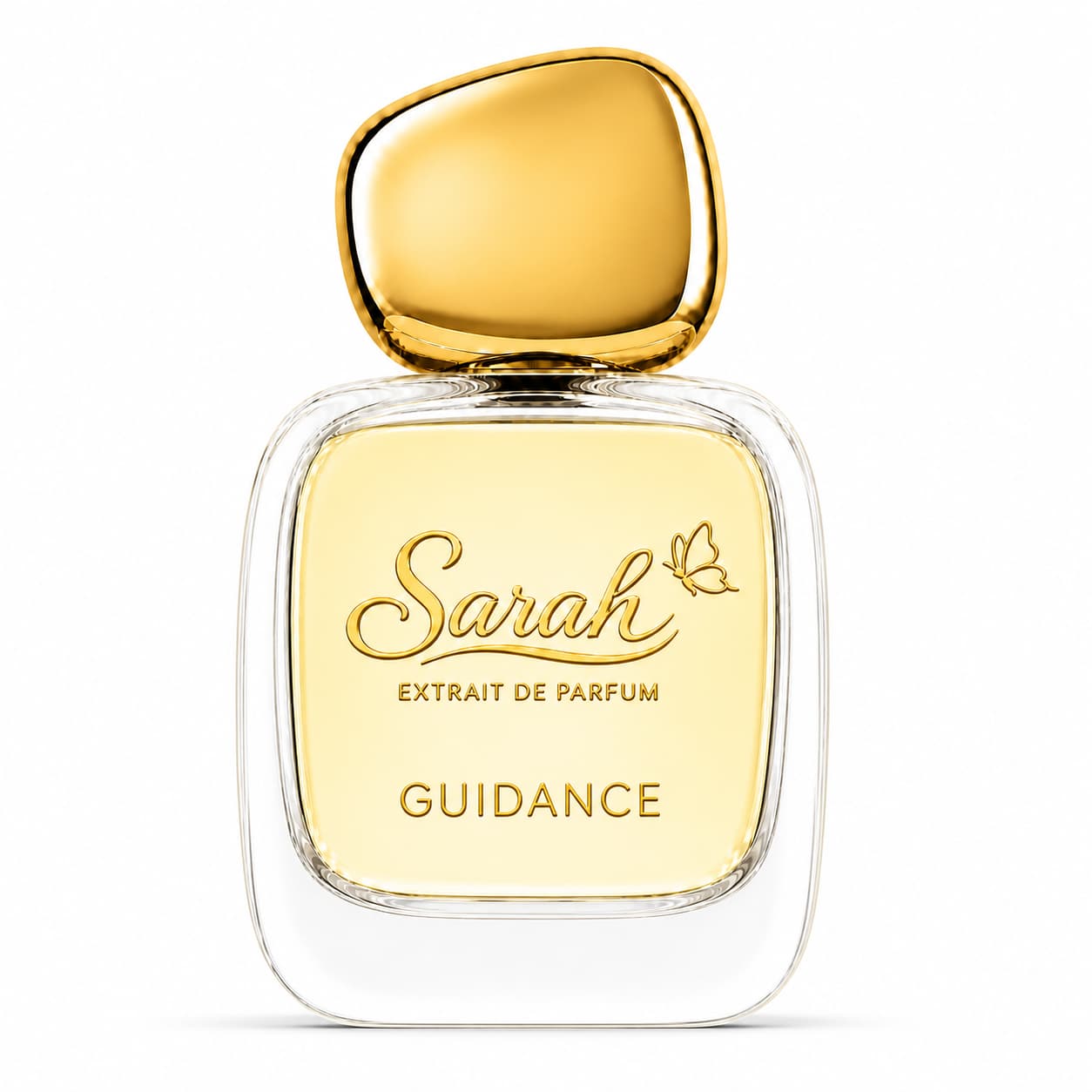 Perfume bottle labeled 'Sarah Guidance' with gold cap on a white background