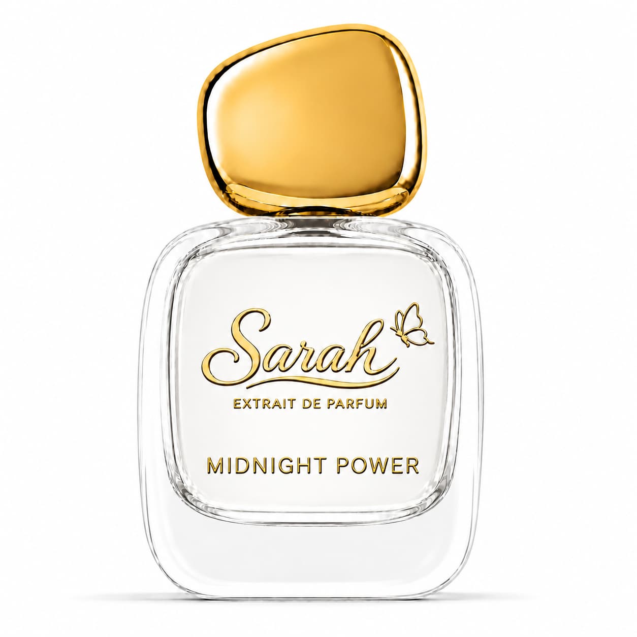 Perfume bottle labeled 'Sarah Extrait de Parfum Midnight Power' with a gold cap on a white background
