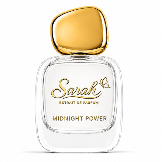 Perfume bottle labeled 'Sarah Extrait de Parfum Midnight Power' with a gold cap on a white background