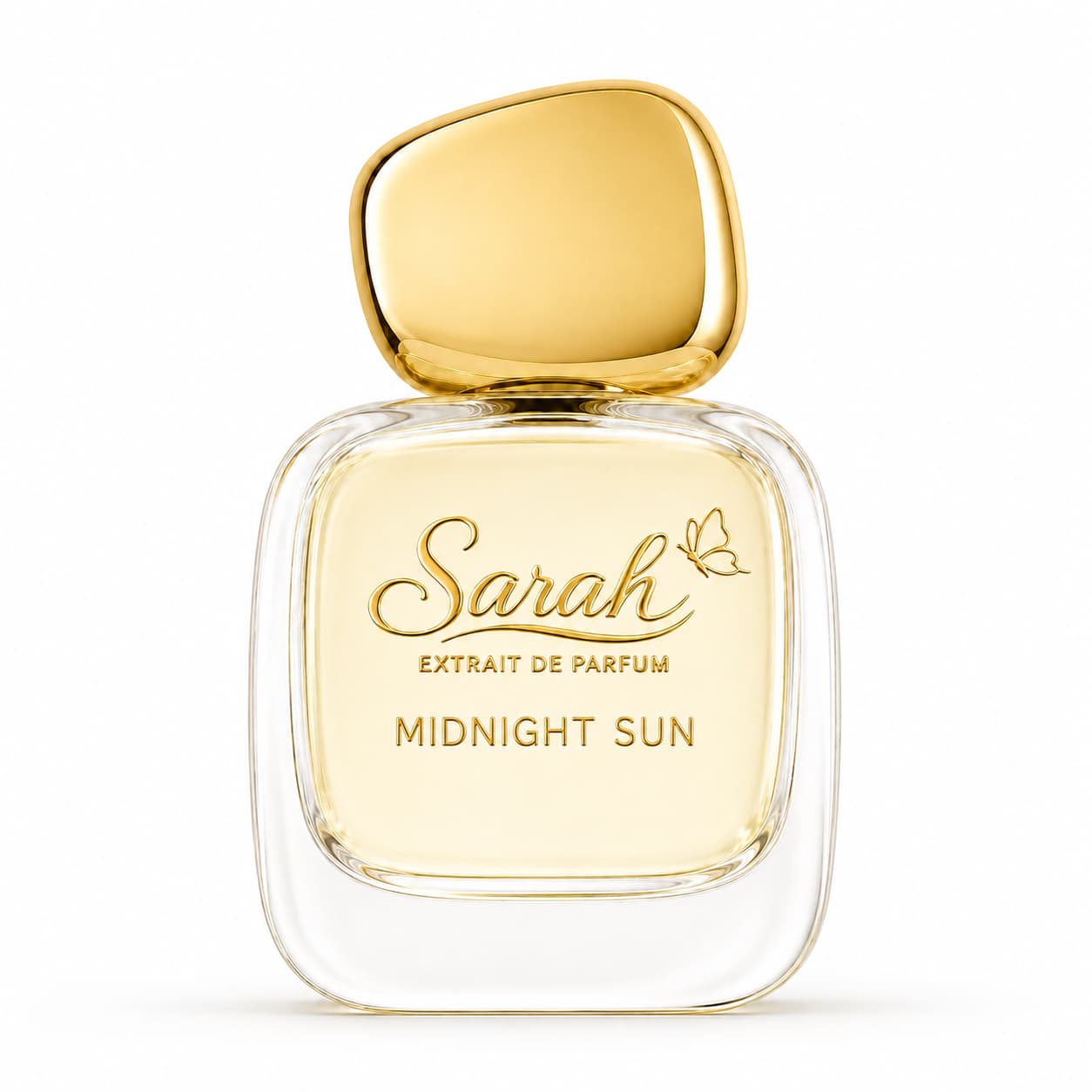 Perfume bottle labeled 'Sarah Extrait de Parfum Midnight Sun' with gold cap on a white background