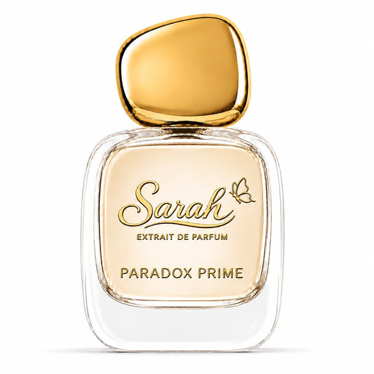 Parfum bottle labeled 'Sarah Extrait de Parfum Paradox Prime' with a gold cap on a white background