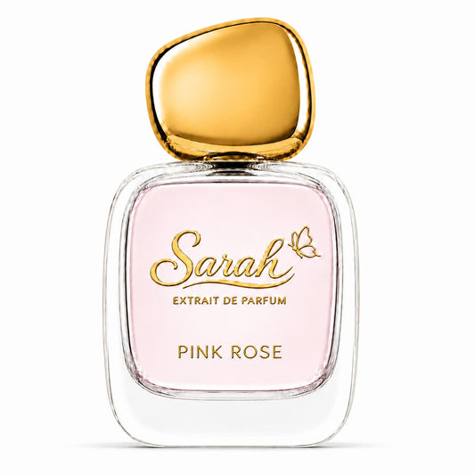 Perfume bottle labeled 'Sarah Extrait de Parfum Pink Rose' with a gold cap on a white background