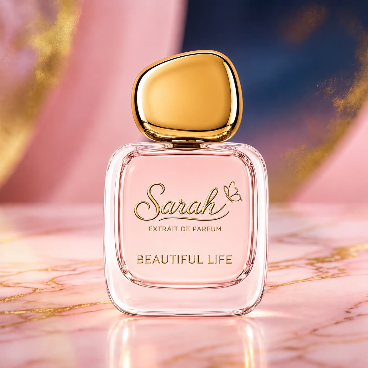 Sarah Beautiful Life Extrait de Parfum luxury perfume bottle on elegant pink marble background