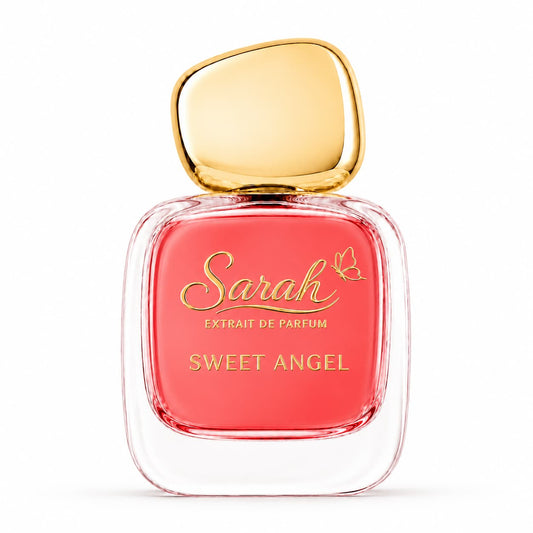 Perfume bottle labeled 'Sweet Angel' by 'Sarah' on a white background