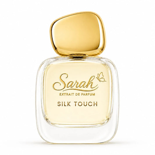 Sarah Silk Touch — ženski Extrait de Parfum, bočica sa zlatnim čepom na bijeloj pozadini