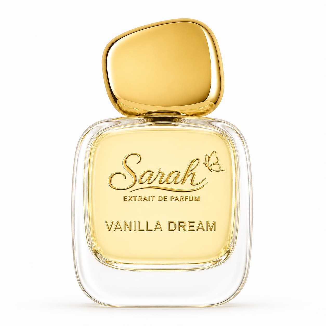 Perfume bottle labeled 'Sarah Vanilla Dream' with gold cap on a white background