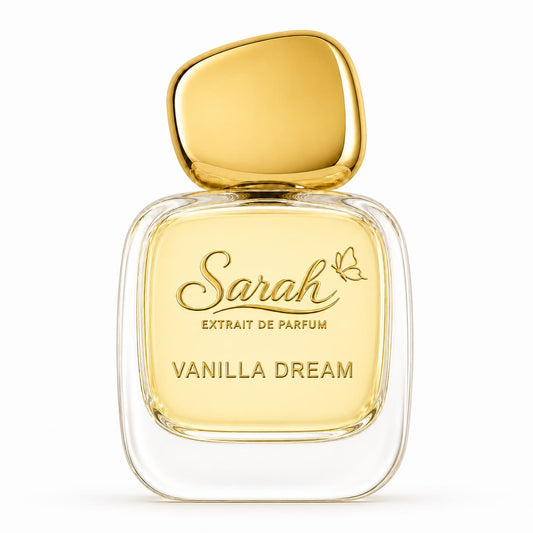 Perfume bottle labeled 'Sarah Vanilla Dream' with gold cap on a white background